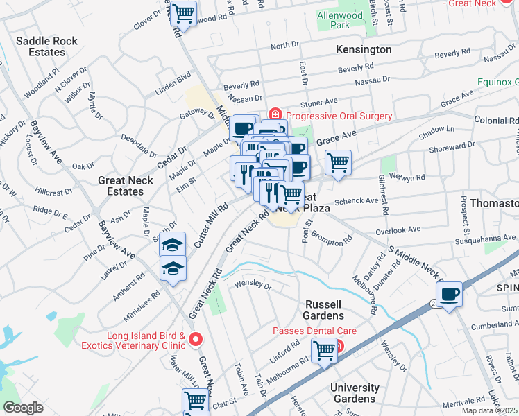 map of restaurants, bars, coffee shops, grocery stores, and more near 33-43 Great Neck Road in Great Neck