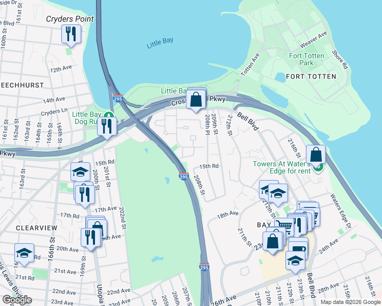 map of restaurants, bars, coffee shops, grocery stores, and more near 207-1 Estates Drive in Queens