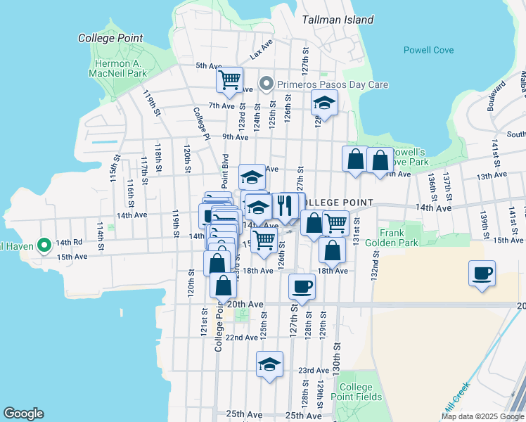 map of restaurants, bars, coffee shops, grocery stores, and more near 13-07 124th Street in Queens