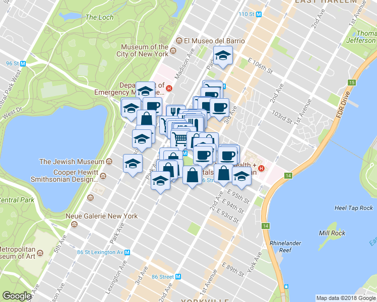 map of restaurants, bars, coffee shops, grocery stores, and more near in New York