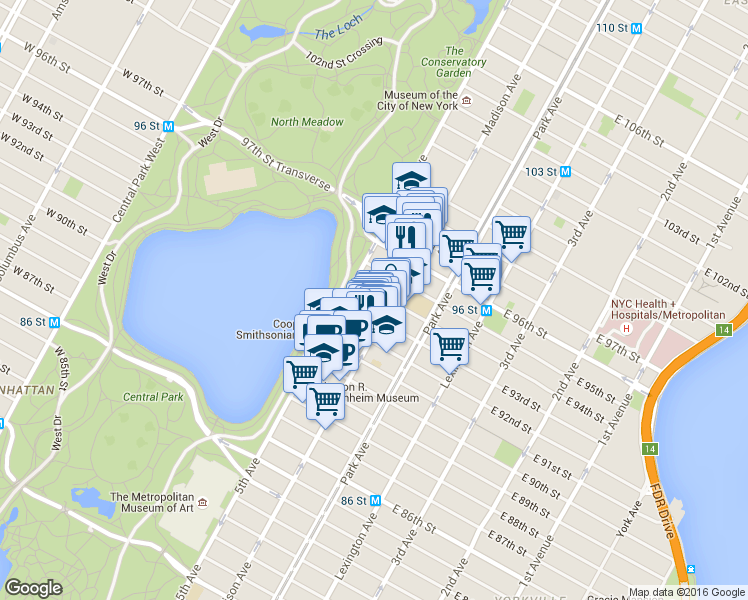 map of restaurants, bars, coffee shops, grocery stores, and more near 5 East 94th Street in New York