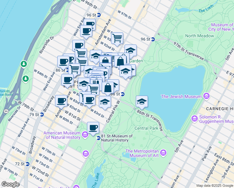 map of restaurants, bars, coffee shops, grocery stores, and more near 7 West 87th Street in New York