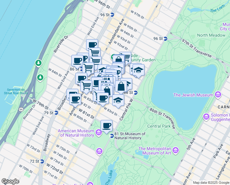 map of restaurants, bars, coffee shops, grocery stores, and more near 50 West 87th Street in New York
