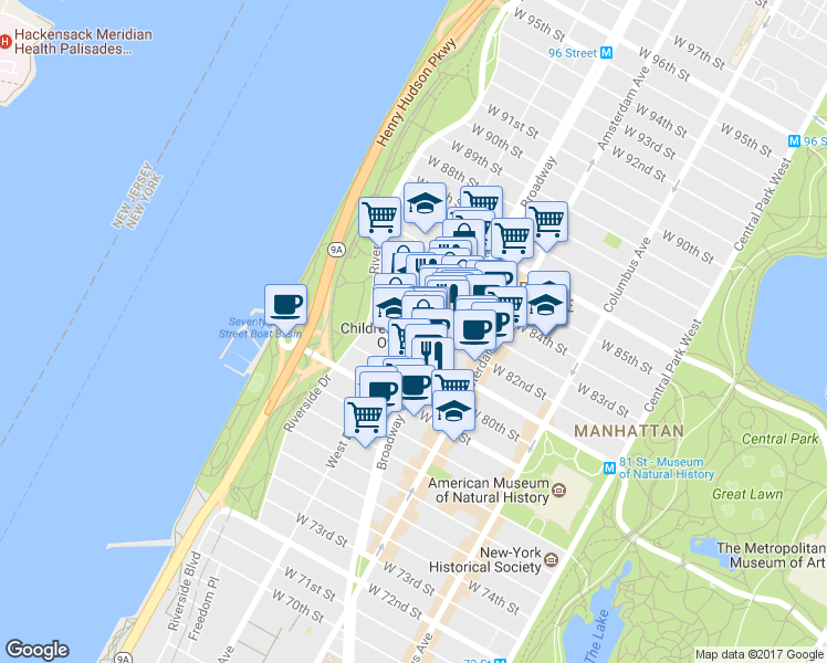 map of restaurants, bars, coffee shops, grocery stores, and more near 301 West 82nd Street in New York