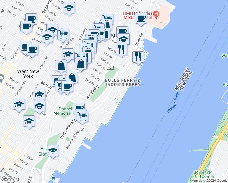 map of restaurants, bars, coffee shops, grocery stores, and more near 351 Oswego Court in West New York