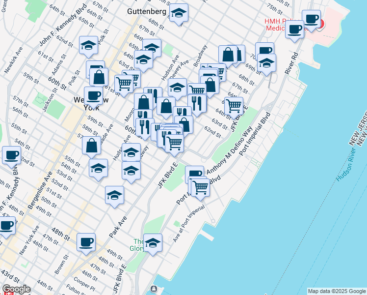 map of restaurants, bars, coffee shops, grocery stores, and more near 6035 Park Avenue in West New York