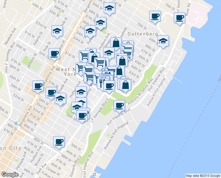 map of restaurants, bars, coffee shops, grocery stores, and more near 6035 Park Avenue in West New York