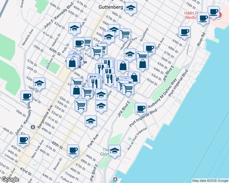 map of restaurants, bars, coffee shops, grocery stores, and more near 207 60th Street in West New York