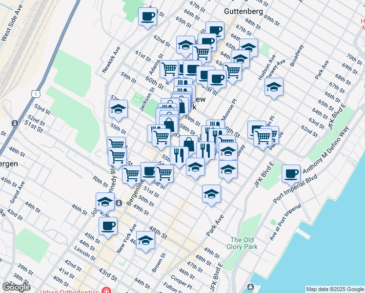 map of restaurants, bars, coffee shops, grocery stores, and more near 410 57th Street in West New York