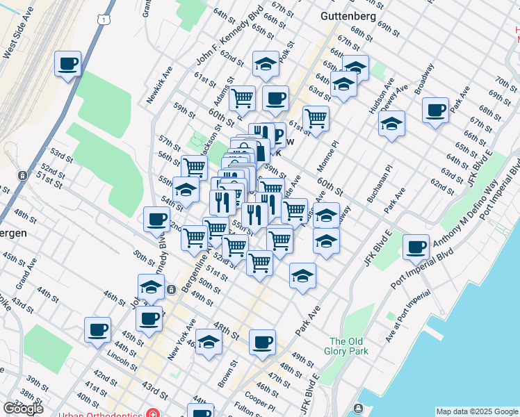 map of restaurants, bars, coffee shops, grocery stores, and more near in West New York