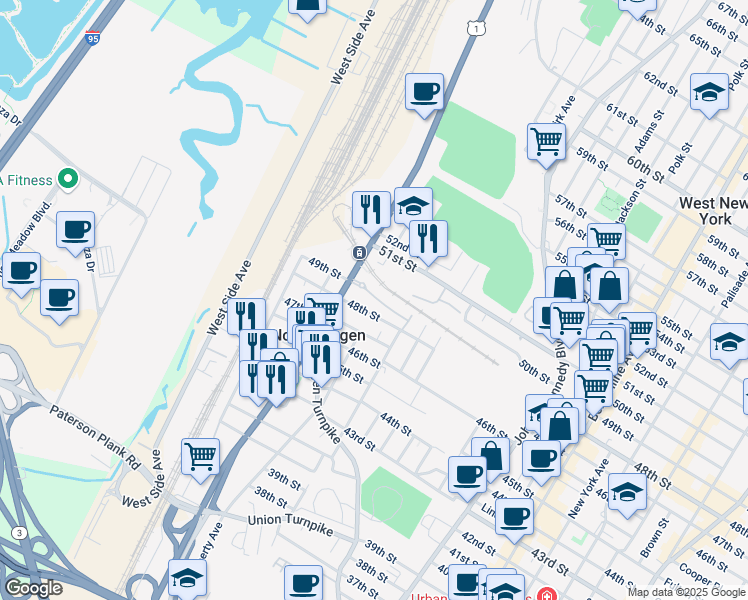 map of restaurants, bars, coffee shops, grocery stores, and more near 4808 Tonnele Avenue in North Bergen