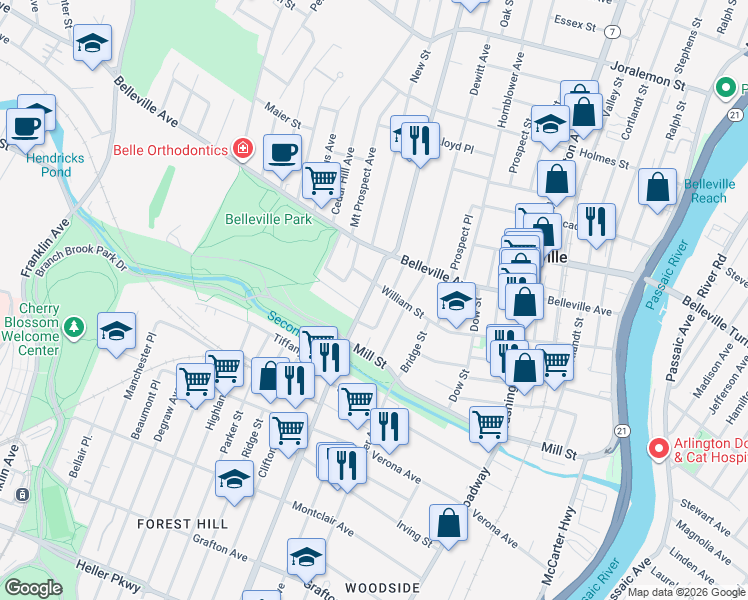 map of restaurants, bars, coffee shops, grocery stores, and more near 69 Union Avenue in Belleville