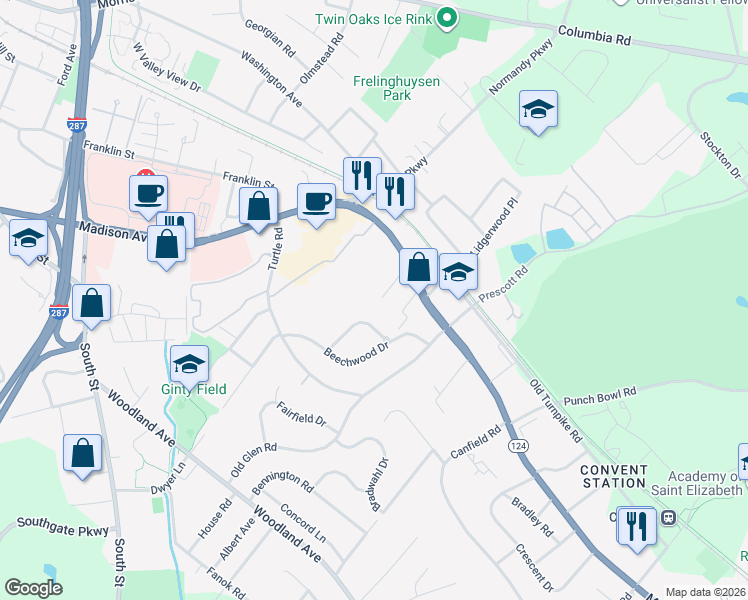 map of restaurants, bars, coffee shops, grocery stores, and more near 221 Pitney Place in Morristown