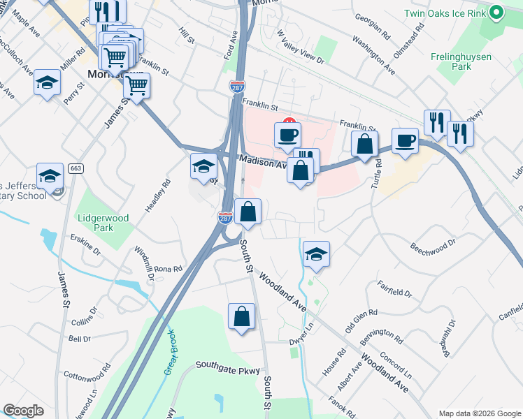 map of restaurants, bars, coffee shops, grocery stores, and more near 310 South St in Morristown