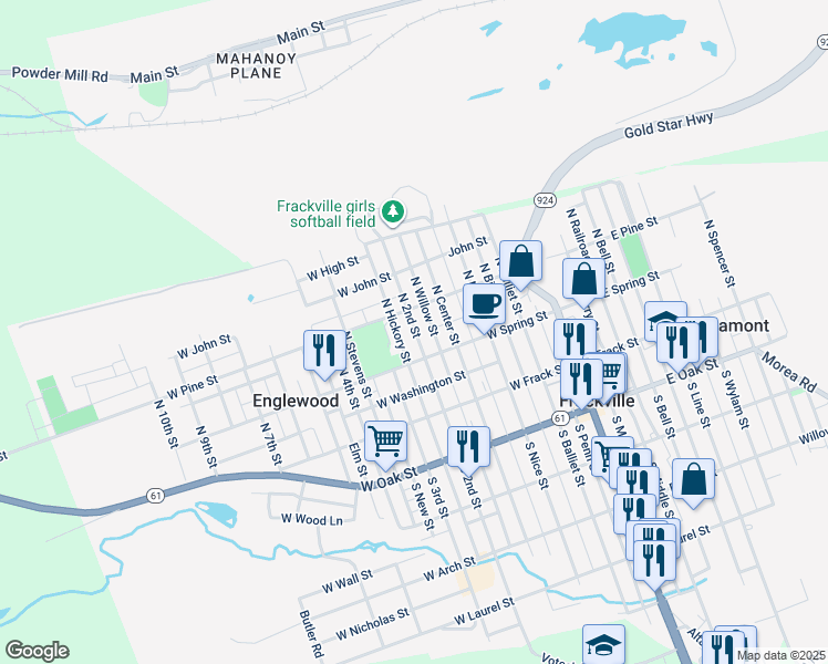 map of restaurants, bars, coffee shops, grocery stores, and more near 150 North 2nd Street in Frackville