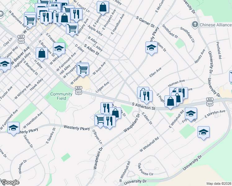 map of restaurants, bars, coffee shops, grocery stores, and more near 195 Westerly Parkway in State College