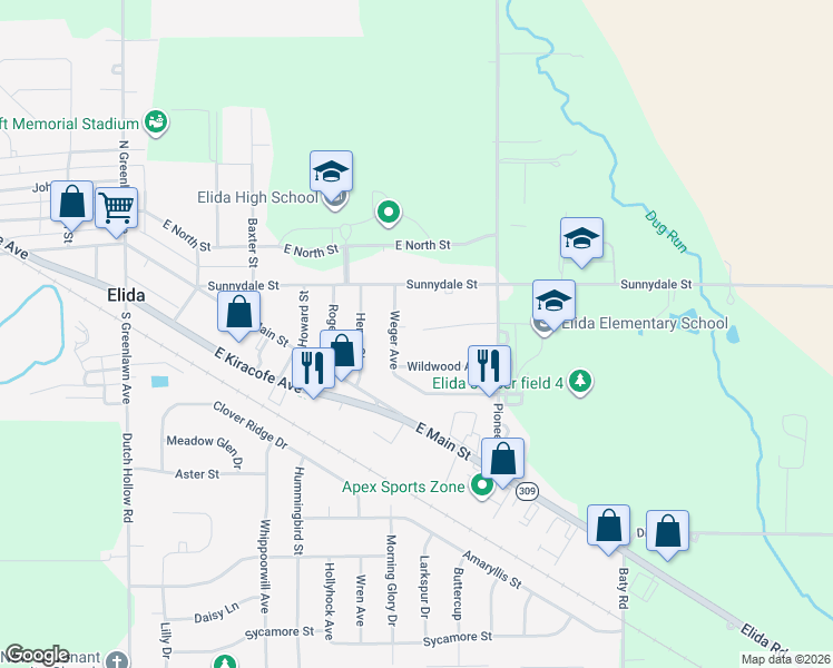 map of restaurants, bars, coffee shops, grocery stores, and more near 705 Beechwood Place in Elida