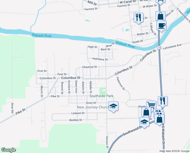 map of restaurants, bars, coffee shops, grocery stores, and more near 1345 Middle Street in Wabash