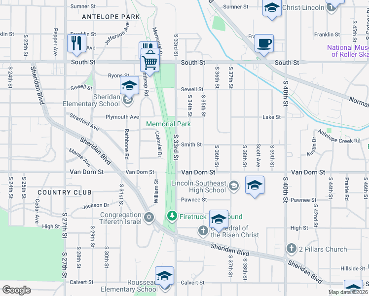 map of restaurants, bars, coffee shops, grocery stores, and more near 3316 Smith Street in Lincoln