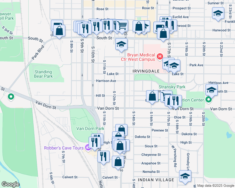 map of restaurants, bars, coffee shops, grocery stores, and more near 2641 South 13th Street in Lincoln