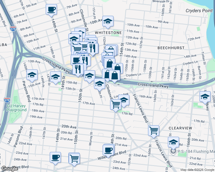 map of restaurants, bars, coffee shops, grocery stores, and more near Clintonville Street in Queens
