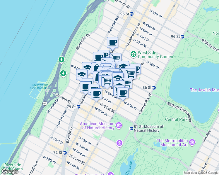 map of restaurants, bars, coffee shops, grocery stores, and more near 156 West 84th Street in New York