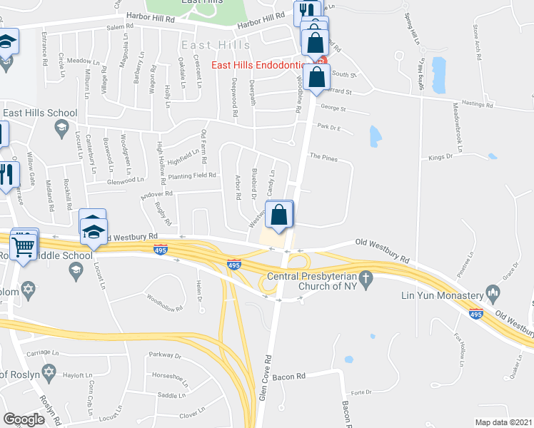 map of restaurants, bars, coffee shops, grocery stores, and more near 24 Westwood Circle in Roslyn Heights
