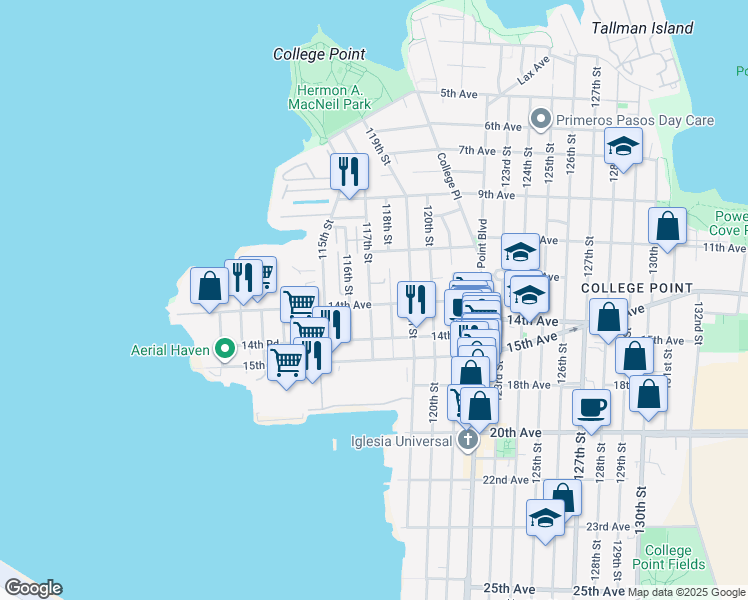 map of restaurants, bars, coffee shops, grocery stores, and more near 12-47 116th Street in Queens