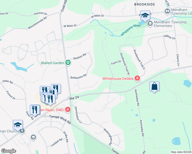 map of restaurants, bars, coffee shops, grocery stores, and more near 13 Ballantine Road in Mendham