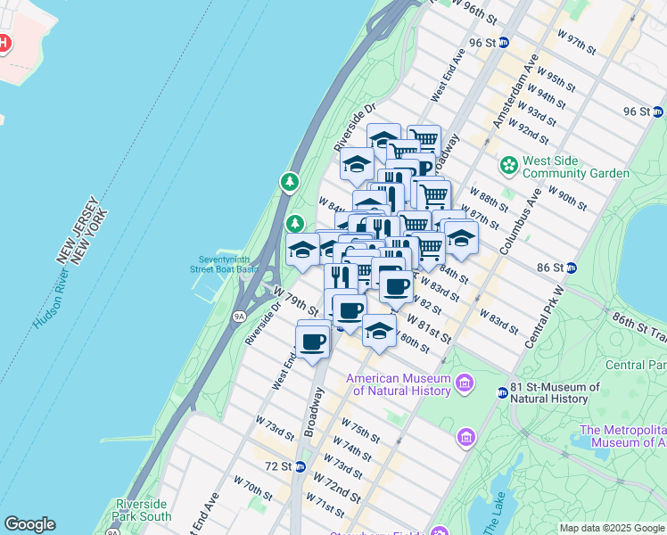 map of restaurants, bars, coffee shops, grocery stores, and more near 441 West End Avenue in New York