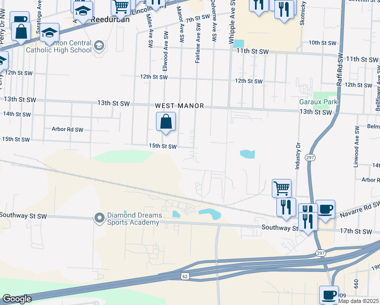 map of restaurants, bars, coffee shops, grocery stores, and more near 1507 Fairlane Avenue Southwest in Canton