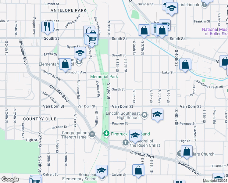 map of restaurants, bars, coffee shops, grocery stores, and more near 3316 Smith Street in Lincoln