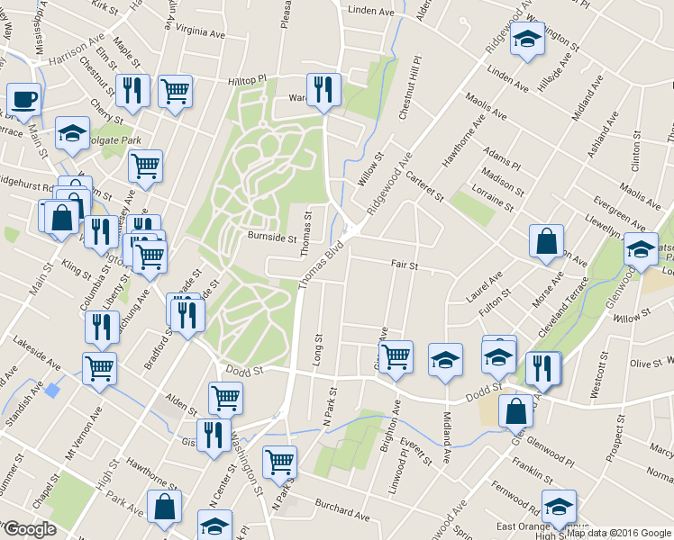 map of restaurants, bars, coffee shops, grocery stores, and more near 592 Thomas Boulevard in East Orange