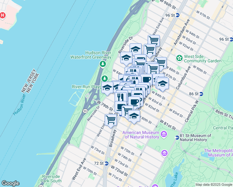 map of restaurants, bars, coffee shops, grocery stores, and more near 311 West 81st Street in New York