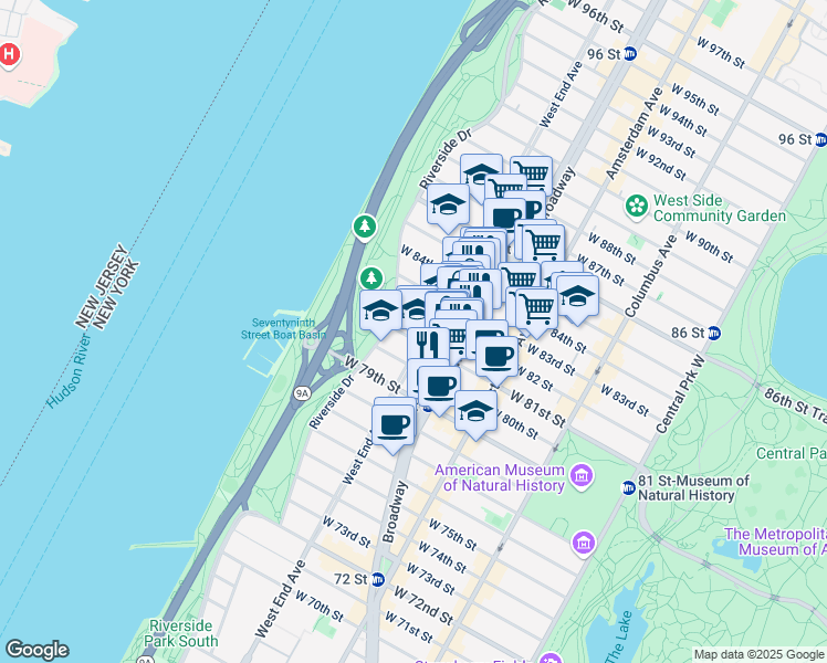 map of restaurants, bars, coffee shops, grocery stores, and more near 315 West 81st Street in New York