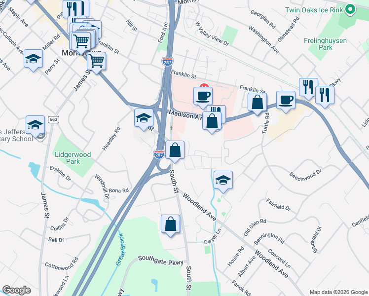 map of restaurants, bars, coffee shops, grocery stores, and more near 310 South St in Morristown
