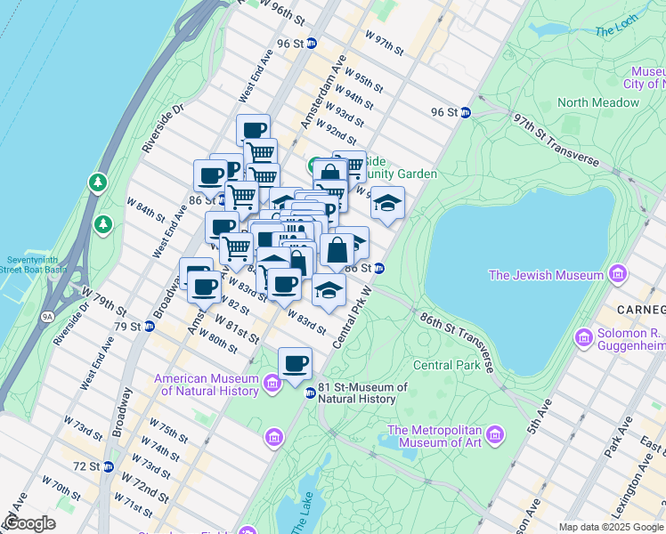 map of restaurants, bars, coffee shops, grocery stores, and more near 35 West 86th Street in New York