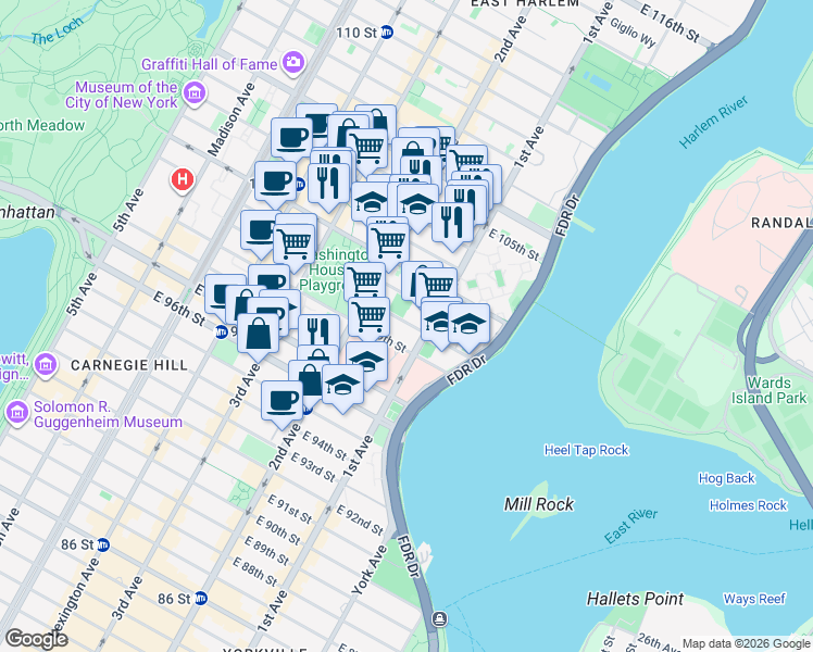 map of restaurants, bars, coffee shops, grocery stores, and more near 331 East 100th Street in New York