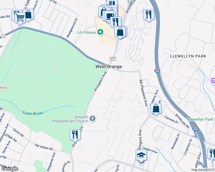 map of restaurants, bars, coffee shops, grocery stores, and more near 520 Prospect Avenue in West Orange