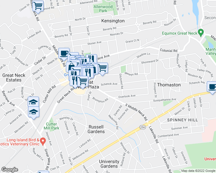 map of restaurants, bars, coffee shops, grocery stores, and more near 15 Schenck Avenue in Great Neck