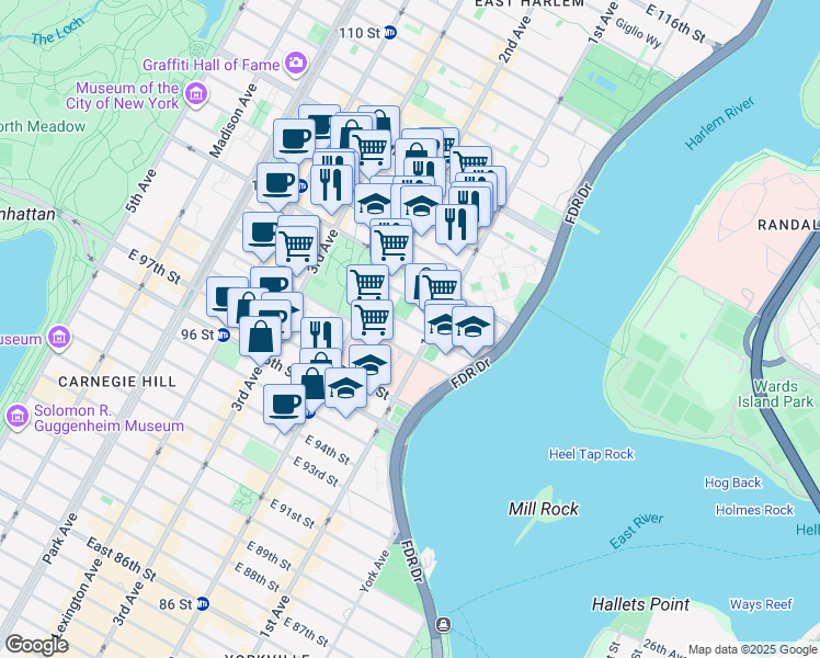 map of restaurants, bars, coffee shops, grocery stores, and more near 330 East 100th Street in New York