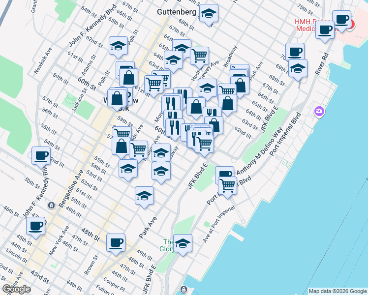 map of restaurants, bars, coffee shops, grocery stores, and more near 155 60th Street in West New York