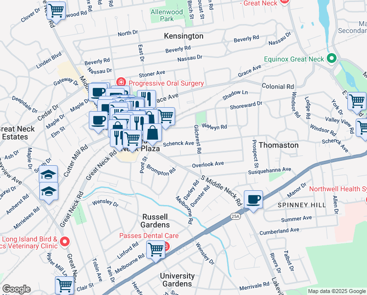 map of restaurants, bars, coffee shops, grocery stores, and more near 46 Schenck Avenue in Great Neck
