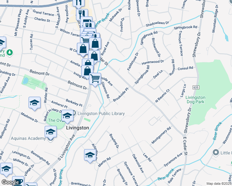 map of restaurants, bars, coffee shops, grocery stores, and more near 52 Brookside Avenue in Livingston