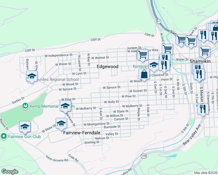 map of restaurants, bars, coffee shops, grocery stores, and more near 1301 West Spruce Street in Northumberland County