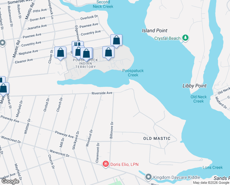 map of restaurants, bars, coffee shops, grocery stores, and more near 15 Riverside Avenue in Mastic Beach