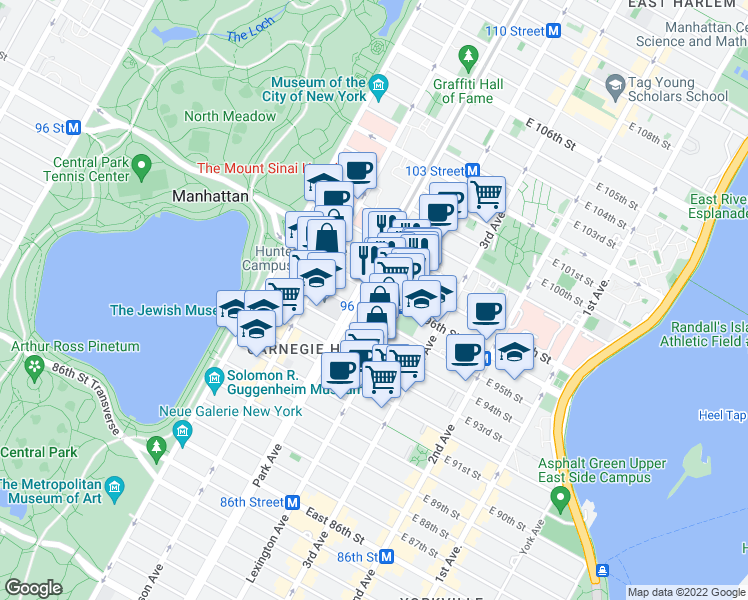 map of restaurants, bars, coffee shops, grocery stores, and more near 106 East 96th Street in New York