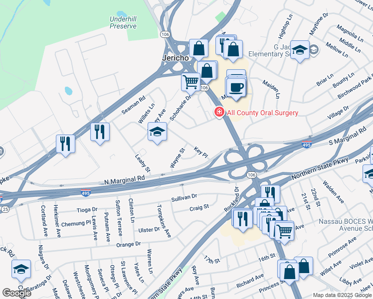 map of restaurants, bars, coffee shops, grocery stores, and more near 100 Wayne Street in Jericho