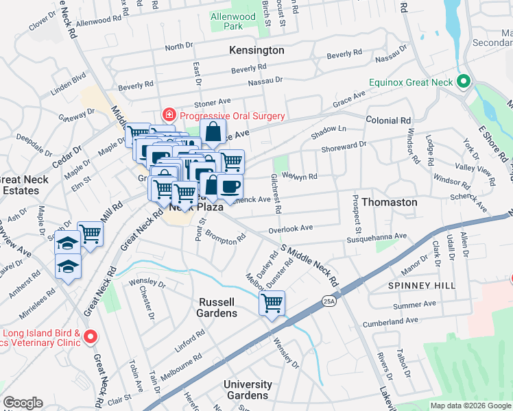 map of restaurants, bars, coffee shops, grocery stores, and more near 46 Schenck Avenue in Great Neck