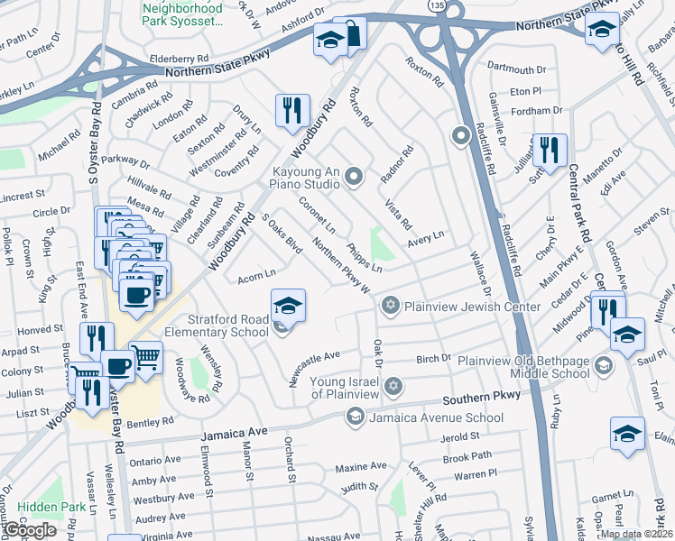 map of restaurants, bars, coffee shops, grocery stores, and more near 119 Northern Parkway West in Plainview